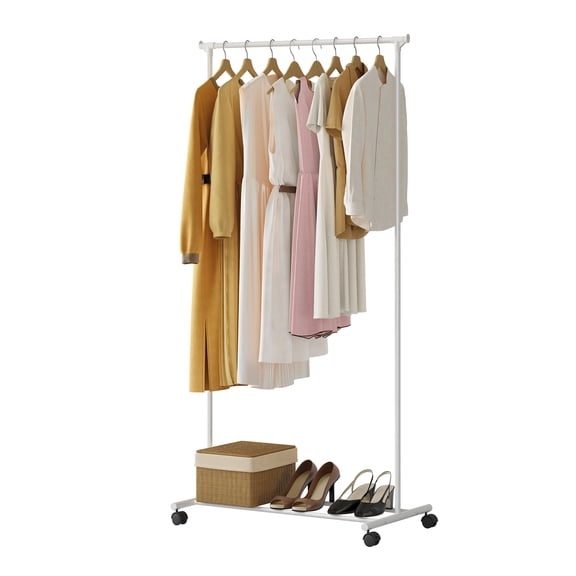 ACTDAYS Clothes Rack with Wheels, Rolling Garment Rack with Storage Shelf, Clothes Organizer for Bedroom, Laundry, Bathroom, Home, White