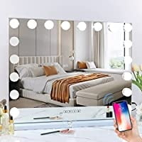 

HA-EMORE Makeup Mirror with Light Hollywood Lighting Makeup Mirror with 15 Dimmable LED Bulbs for Dressing Room and Bedroom Tabletop Ultra-thin Metal Frame Design 18lamp