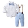 thumbnail image 3 of FYMNSI Baby Boy Long Sleeves Gentleman Outfit Clothes Sets Toddler Formal Bowtie Shirt Suspender Pants Wedding Dress Suits 4-5T Light Blue, 3 of 4