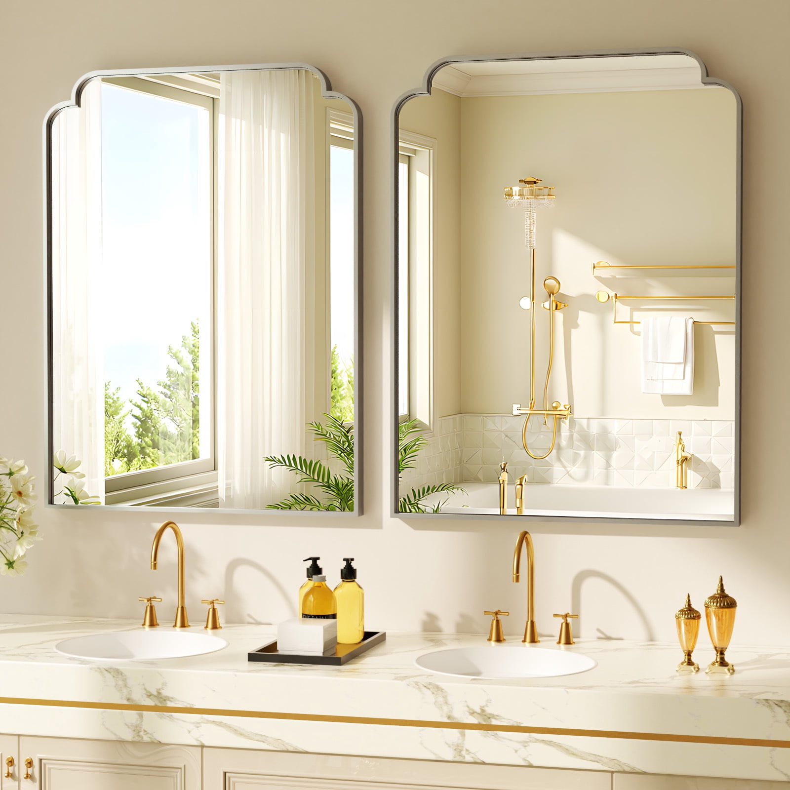 Easy4Home 40"x30" Arched Bathroom Mirror Decorative Wall Mounted Vanity Mirror, Silver
