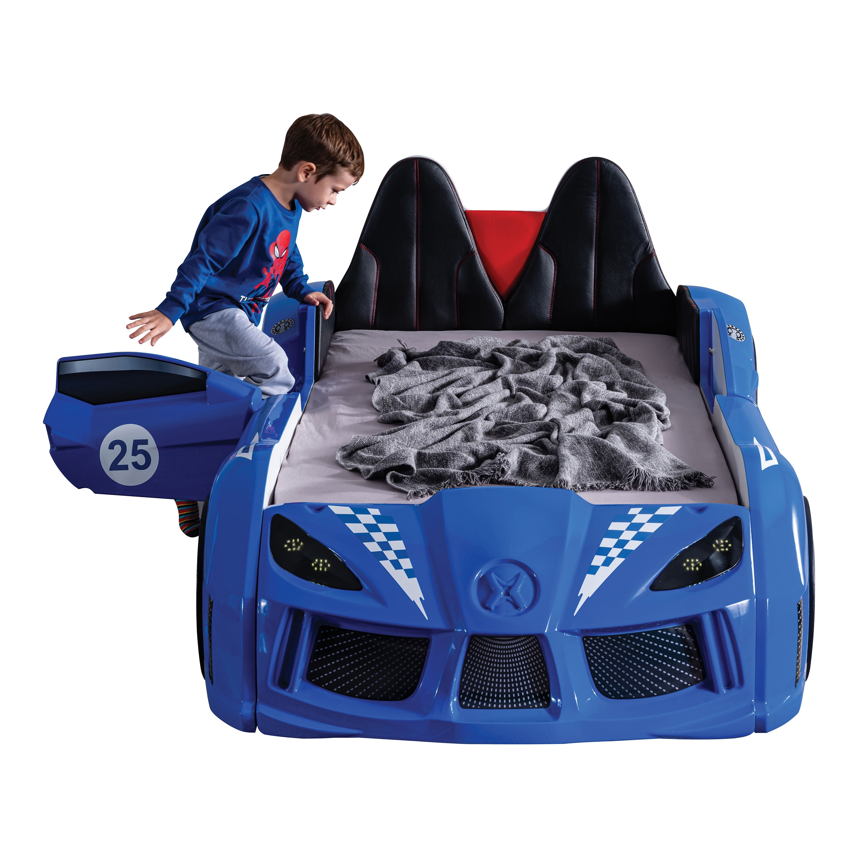Furniture of America Dash Kids Plastic Twin Race Car Bed with LED and Sound, Blue