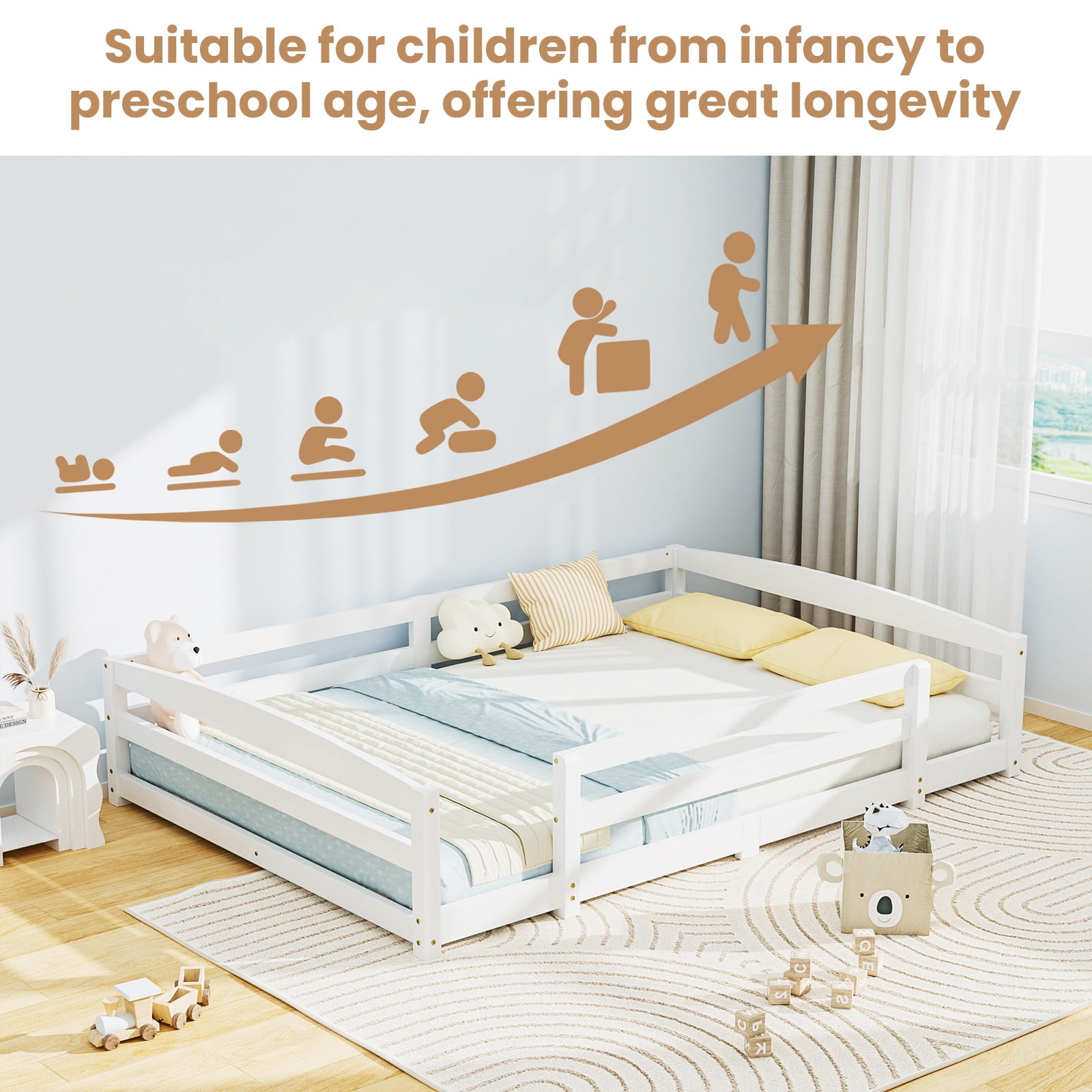 Slsy Full Size Toddler Floor Bed, Solid Wood Montessori Bed Frame with Fence & Door Montessori Floor Bed Crib with Safety Guardrails for Girls and Boys