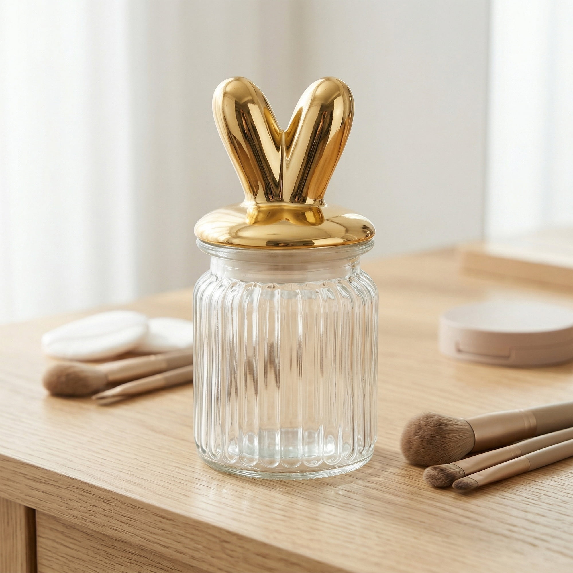 Unique Bargains Decorative Glass Jar With Lid Golden Rabbit Ears 3" x 3" x 5.5"