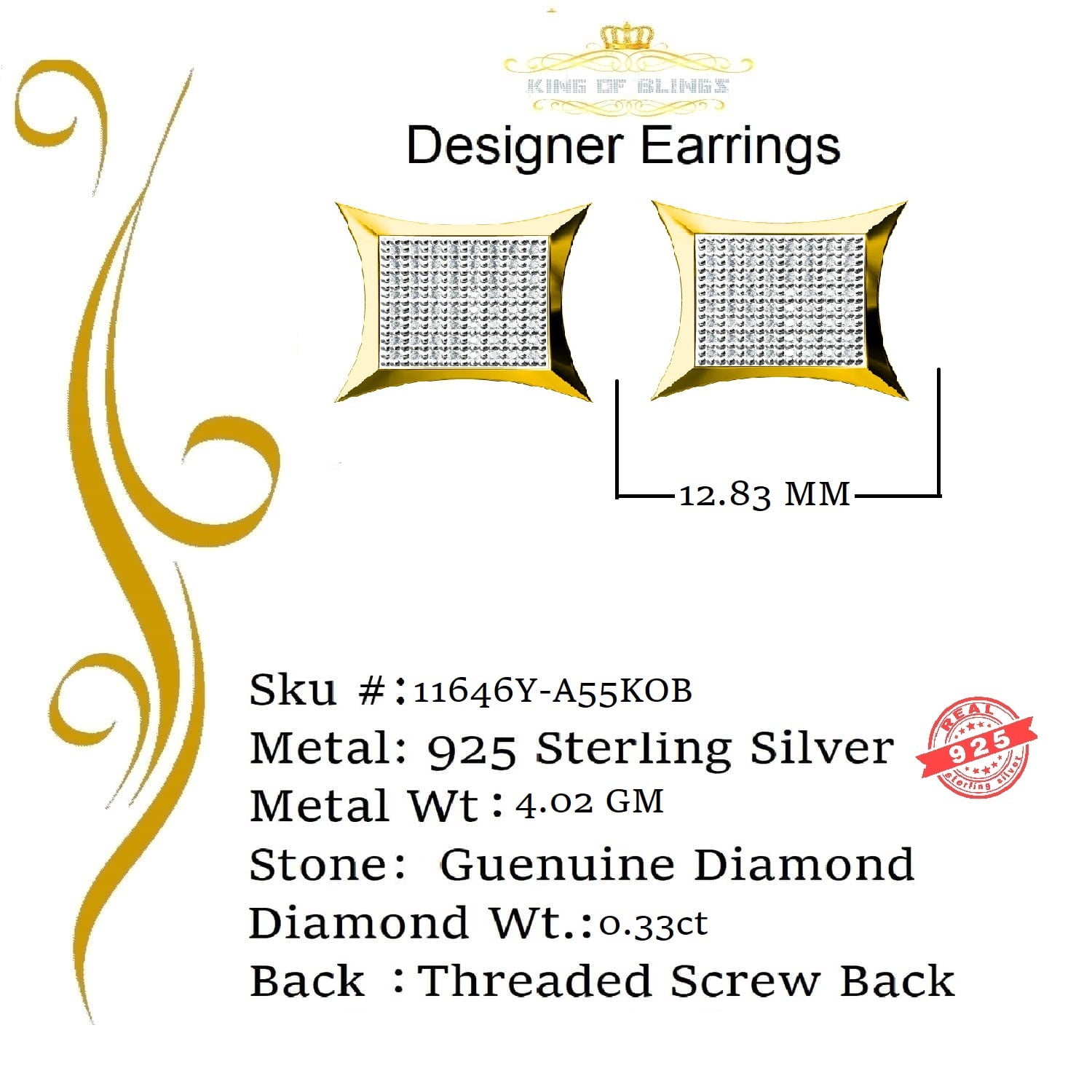 King of Bling's 925 Sterling Silver 0.33ct Diamond For Women's/Men's Yellow Kite Stud Earrings