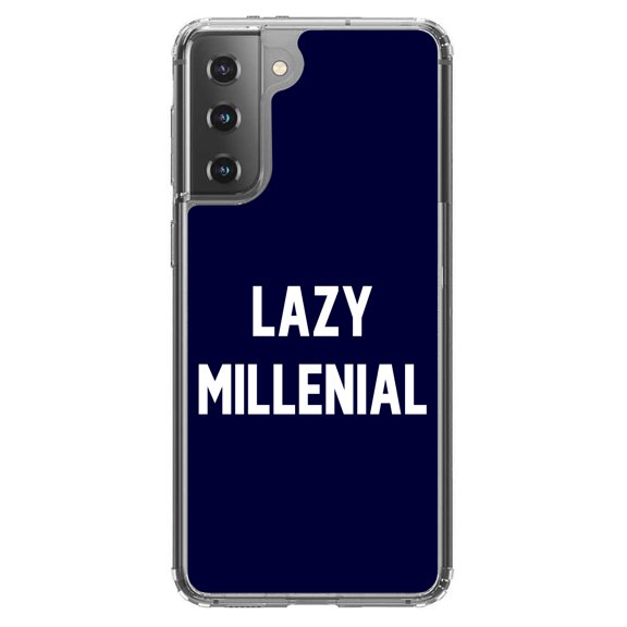 DistinctInk Clear Shockproof Hybrid Case for Galaxy S21 5G (6.2" Screen) - TPU Bumper, Acrylic Back, Tempered Glass Screen Protector - Lazy Millenial - Navy & White