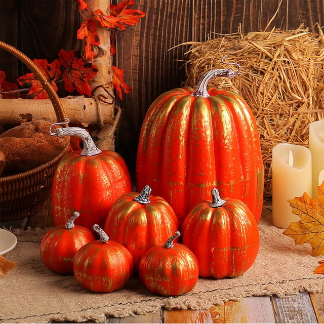 AKEGAMN Clearance! 7Pcs Gold Artificial Pumpkins For Thanksgiving 7Pcs Gold Artificial Pumpkins For Thanksgiving, Fall Halloween Home Decor Pumpkins, Assorted Sizes Gold Pumpkins, Artificial Gold Pu