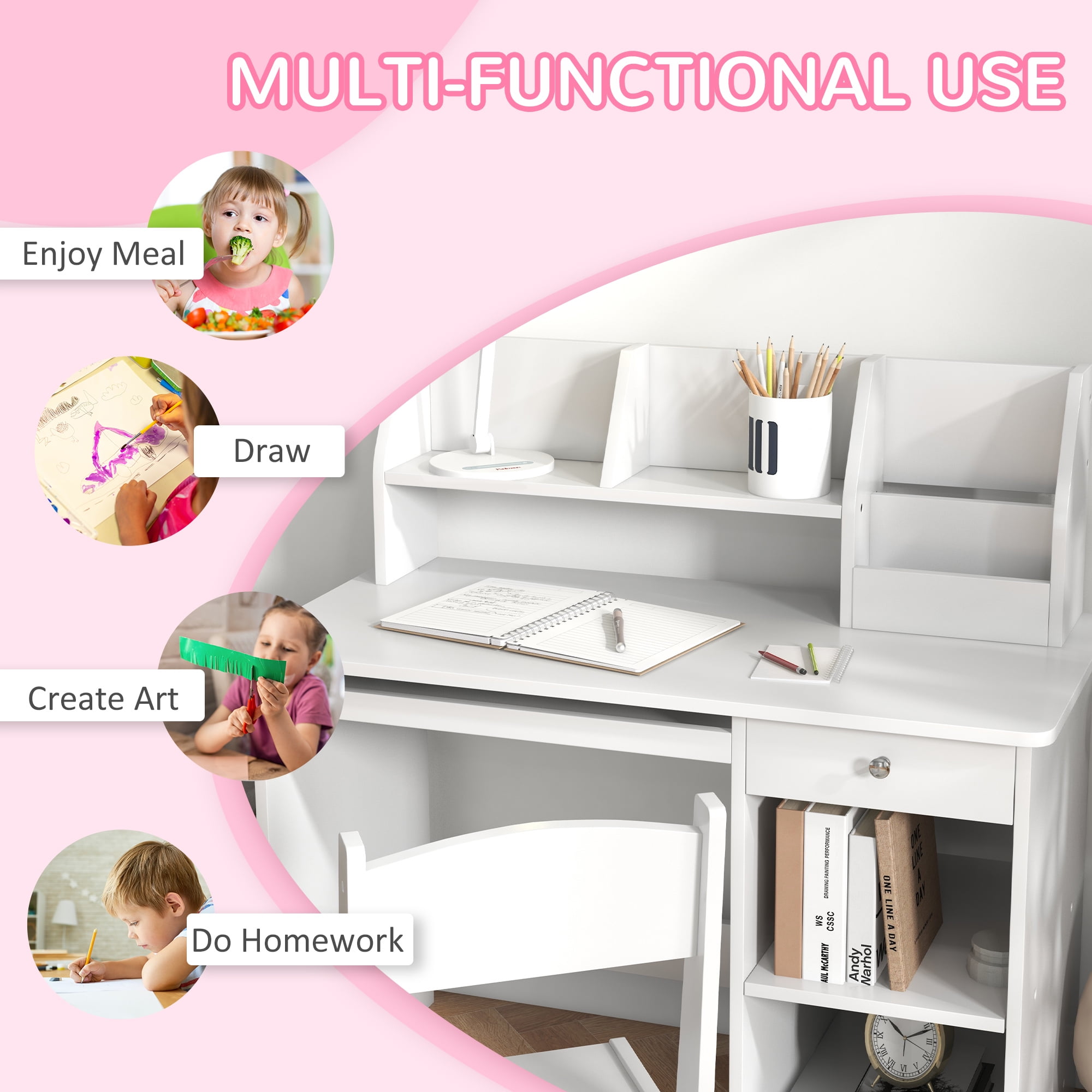 Qaba Kids Desk and Chair Set with Storage, Study Desk with Chair for Children 5-8 Years Old, White