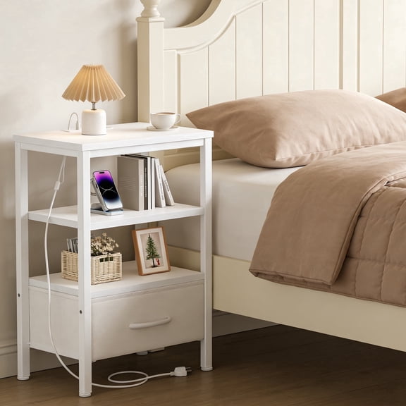 KPUY Black Small Night Stand, Bedside Table with Charging Station, USB Port, Fabric Drawer and Open Storage Shlef for Bedroom, Living Room, White