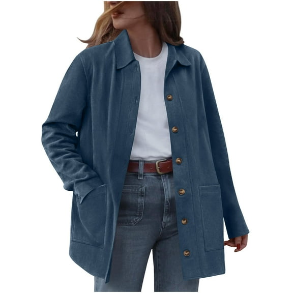 XUNKUSGA Women's Faux Suede Jacket Casual Button Down Long Sleeve Shackets for Women 2025 Trendy Solid Color Jackets for Women with Pockets Cardigan for Women S-2XL Blue