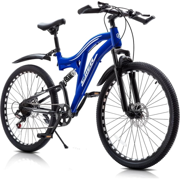 24" Kids Bicycles, Akaber Mountain Bike for Boys, Full Dual Suspension MTB Bicycle, 7-Speed High-Carbon Steel Frame, Double Disc Brake