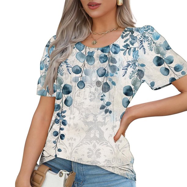 Fiudx Ropa de Mujer Top Estampado con Cuello Redondo y Manga Corta Informal para Mujer a La Moda