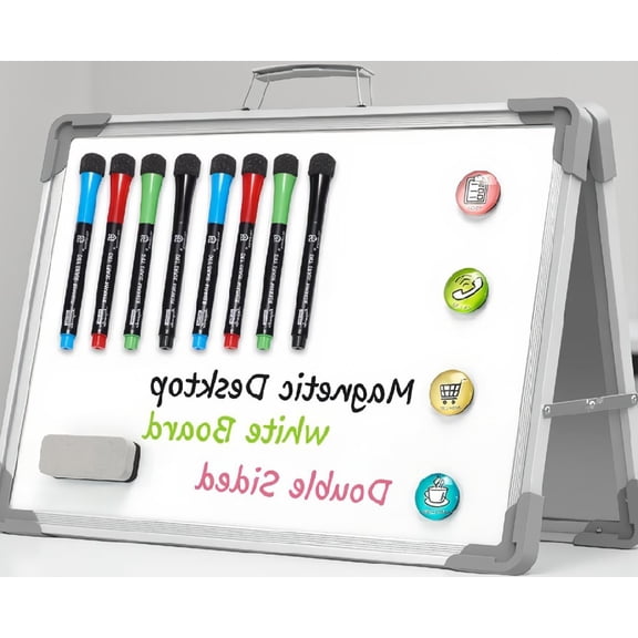 1-Pack 12x16 Inch Double Sided Dry Erase Whiteboard Mini Desktop Easel Board Magnetic with Markers, Eraser and Pins, White