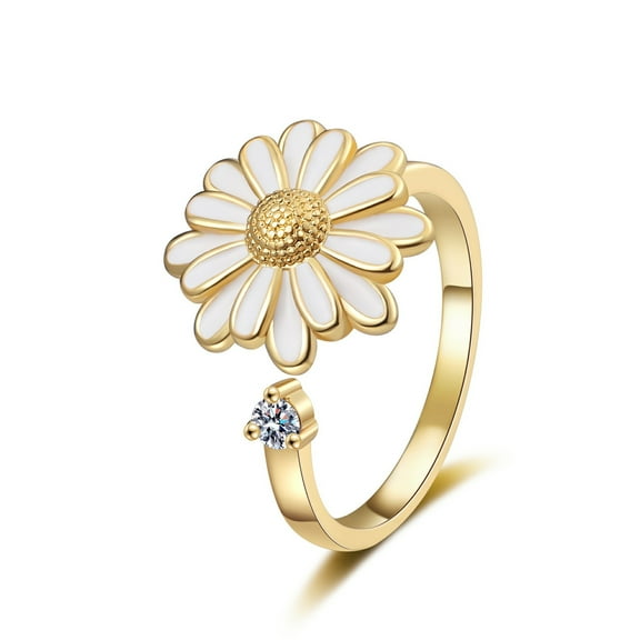 Rotatable  Purple White Daisy Flower Ring for Women Silver Gold Plated Crystal Floral Stackable Statement Open Band Spinner Finger Ring Comfort Fit Adjustable Fidget Anxiety Relieving Stress Jewelry