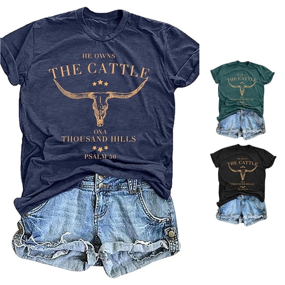 Trendfront Womens Christian Graphic T Shirt Psalm 50 Bible Verse Faith Tee Crewneck Short Sleeve Western Cow Skull Vintage Country Cowboy Casual Summer Tops