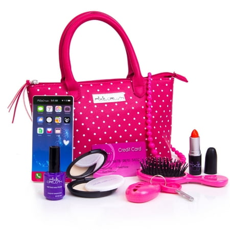 PixieCrush Pretend Play Kid Purse Set for Girls with Handbag, Pretend Smart Phone, Keys With Remote, Pretend Makeup, Lipstick – Interactive & Educational Toy
