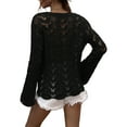 thumbnail image 6 of Qmyliery Women Trendy Hollow-Out Tops, Crochet Solid Color Crew Neck Long Sleeve Knitted Tops with Flare Cuffs for Ladies, S/M/L/XL, 6 of 9