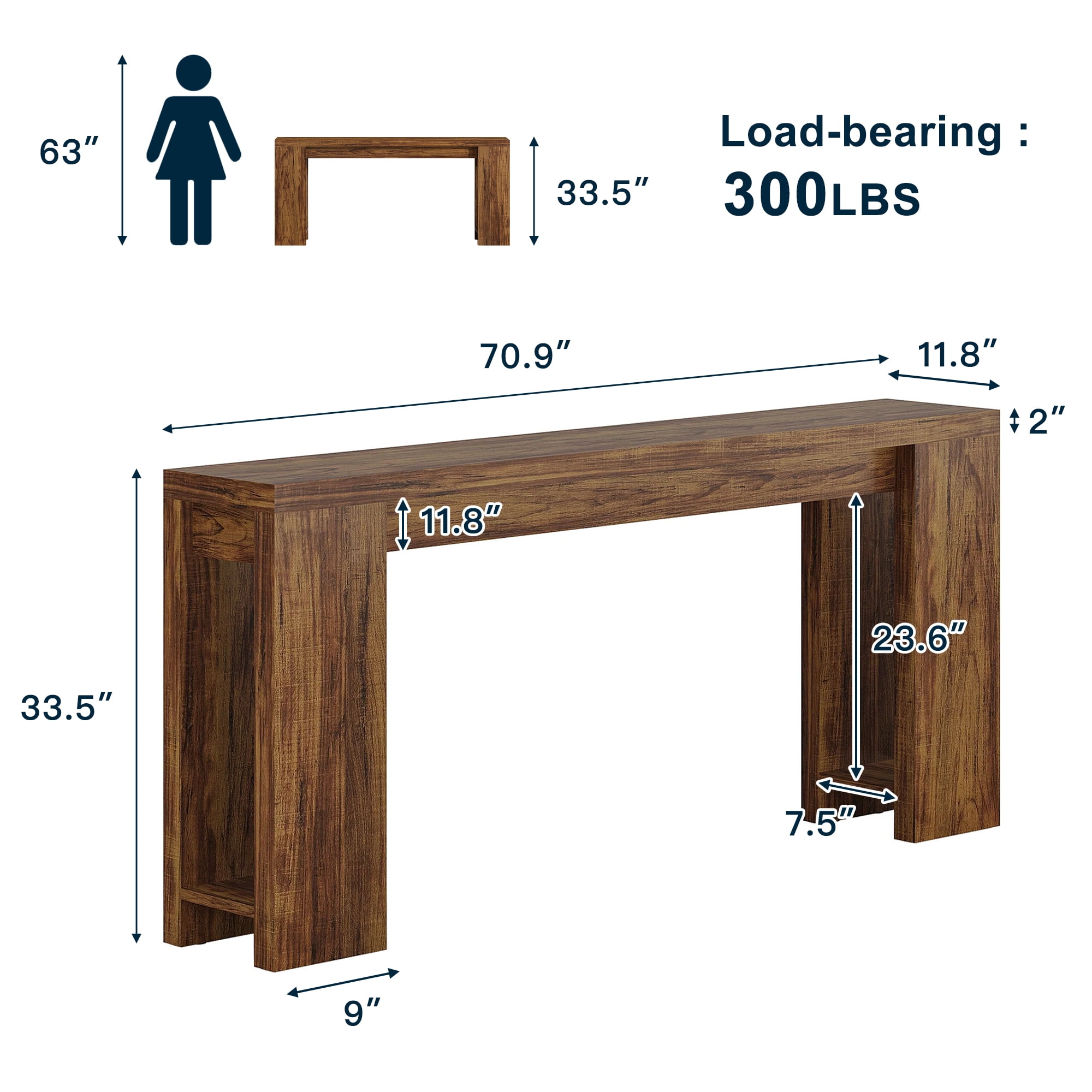Demi Bonn 70.9" Wood Console Table, Farmhouse Sofa Table Entryway Table with Storage, Foyer Display Table, Rustic Brown