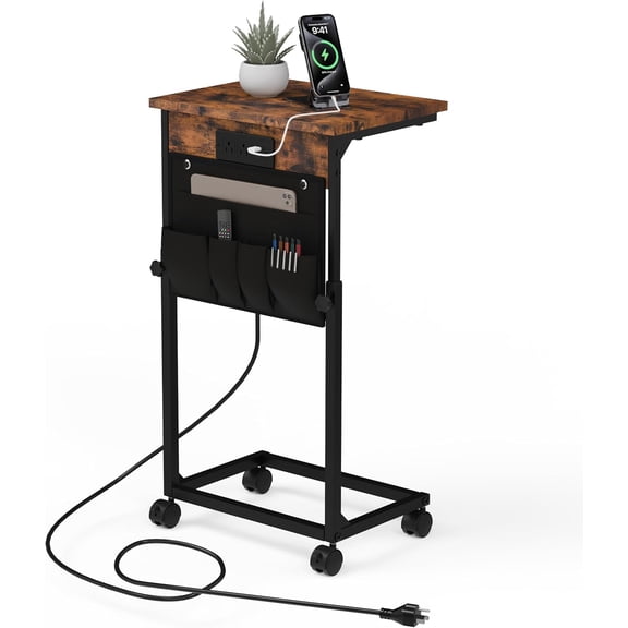 Adjustable Height Couch Table with  Charging Station & Pocket Storage – Compact Couch Stand with Hooks & Wheels for Small Spaces & Living Room, Adjustable Table