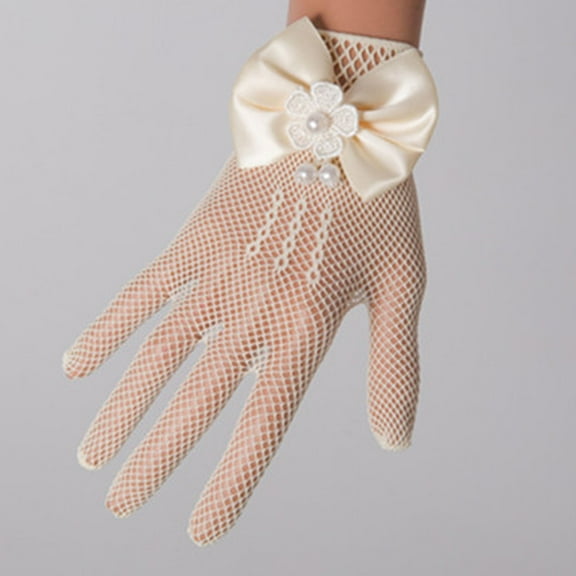 Opolski 1 Pair Wedding Flower Girl Gloves Romantic See-through Hollow Out Big Bow-knot Fishnet Wedding Decoration Flower Decor Beads Wedding Prom Gloves Kid Gloves Beige