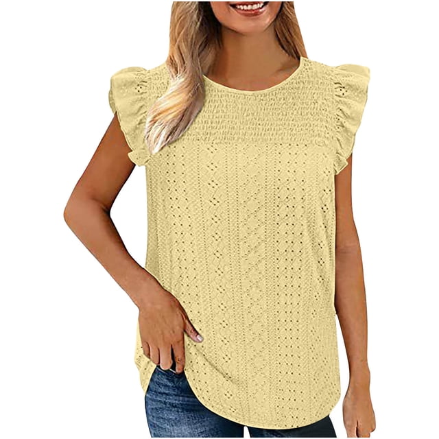 Hauts à Manches à Volants pour Femmes, Débardeur Sans Manches à Col Rond Uni avec Panneau Découpé, Hauts à Volants Sans Manches, Hauts à Manches 1/2 pour Femmes