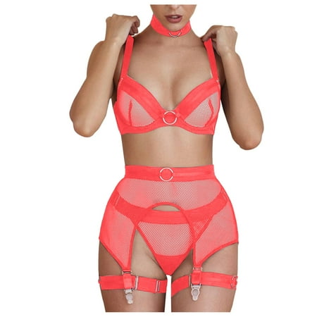 

Women s Orange Lingerie Set YDKZYMD Sheer Mesh Pajamas Set Sexy Strappy with Garter Belt Lingerie 4 Piece S-L