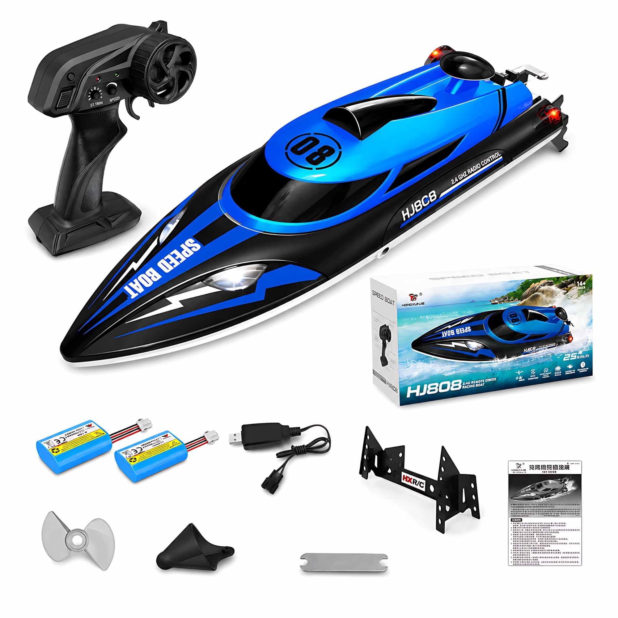 Remote Control Racing Boat, 2.4GHz RC Boat for Pools and Lakes, 22+ MPH Motorized Water Toy with Dual Batteries, Blue, Ages 14+