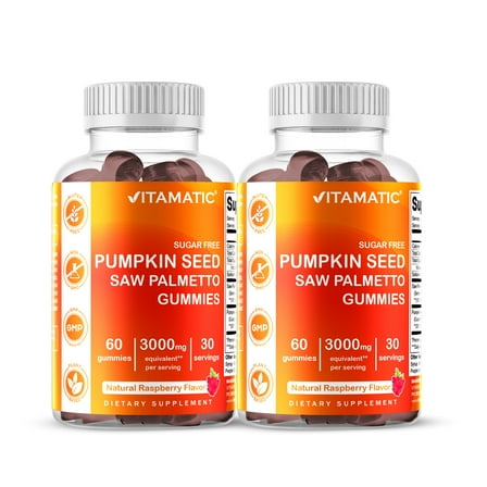 Vitamatic 2 Packs Sugar Free Pumpkin Seed Gummies - 3000 mg Equivalent per Serving - Made with Saw Palmetto - Natural Raspberry Flavor - 60 Count.