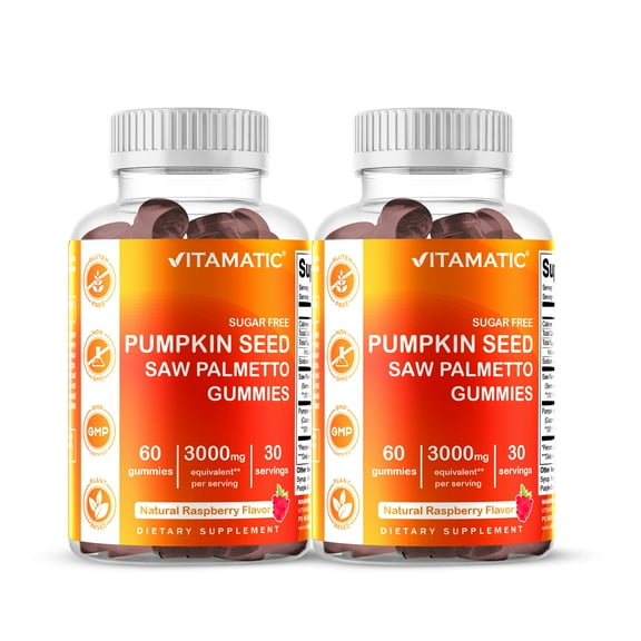 Vitamatic 2 Packs Sugar Free Pumpkin Seed Gummies - 3000 mg Equivalent per Serving - Made with Saw Palmetto - Natural Raspberry Flavor - 60 Count.
