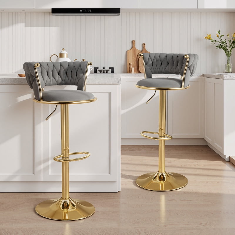 Daluvenix Velvet Bar Stools Set of 2, Counter Height Barstools with Low Back, Gold 360° Swivel Bar Stool ,Counter Height Bar Chairs for Kitchen Island, Pub,Dark Grey