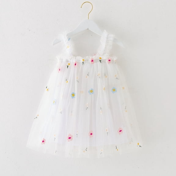 ITSAME Girls Tutu Dress, Mesh Cute Embroidery Sleeveless Summer Sweet Dresses White 3-4T