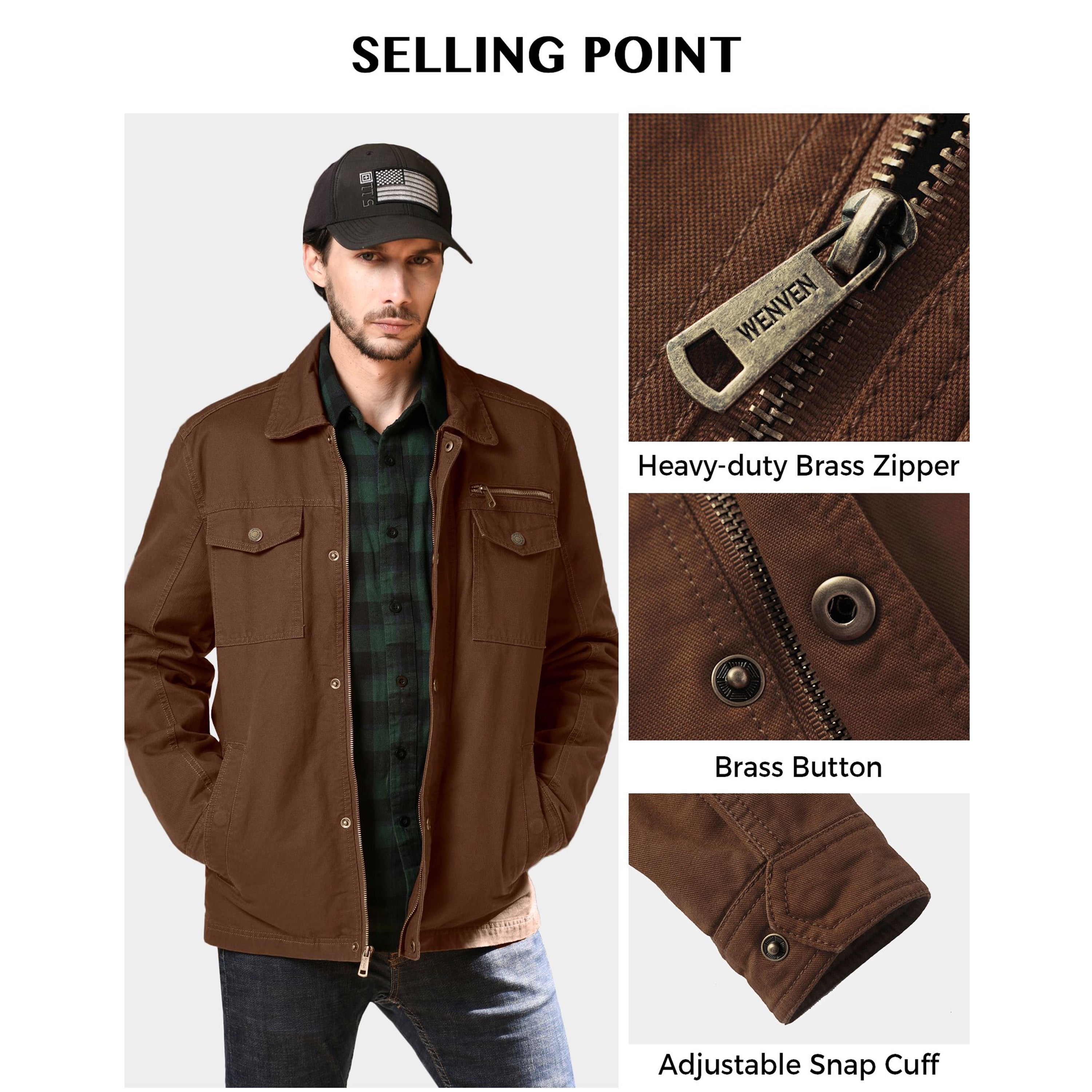 Wenven men's canvas shop cotton military lapel jacket
