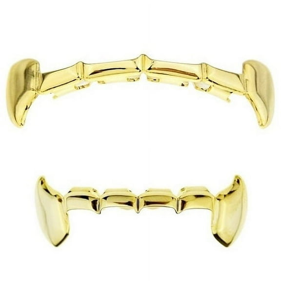 14K Gold Plated Half Grillz Fang Set Upper Top And Bottom Lower Plain Slim Teeth Hip Hop Vampire Grills