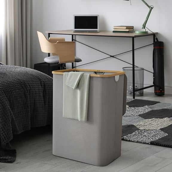 150L Laundry Basket with Lid, Clothes Hampers for Laundry with Bamboo Handles and 2 Removable Laundry Bags, Large Foldable Laundry Hamper for Bedroom, Bathroom, Dorm, Laundry Room, Sliver Gray