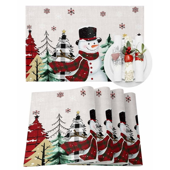 Christmas Placemats Set of 6, Snowman Plaid Pine Tree Place Mats Snowflake Linen Placemat Table Decoration for Kitchen Table Dinner Xmas Holiday Party Home Decor Indoor Outdoor 13x19 Inch