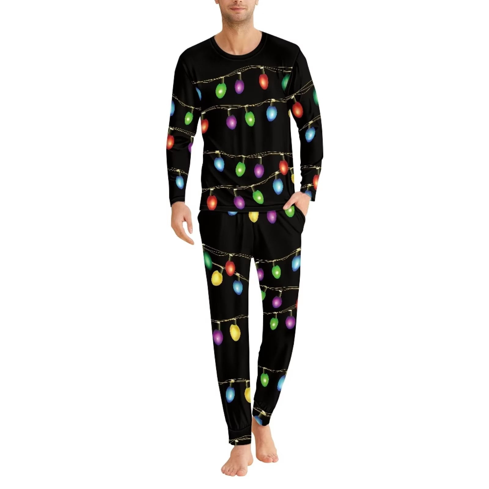 Renewold Christmas Matching Holiday Pajamas for Family Colorful Lights PJ Top and Pants 2pcs,Size XL Men's Long Sleeve Scoop Neck Nightwear Lounge Set