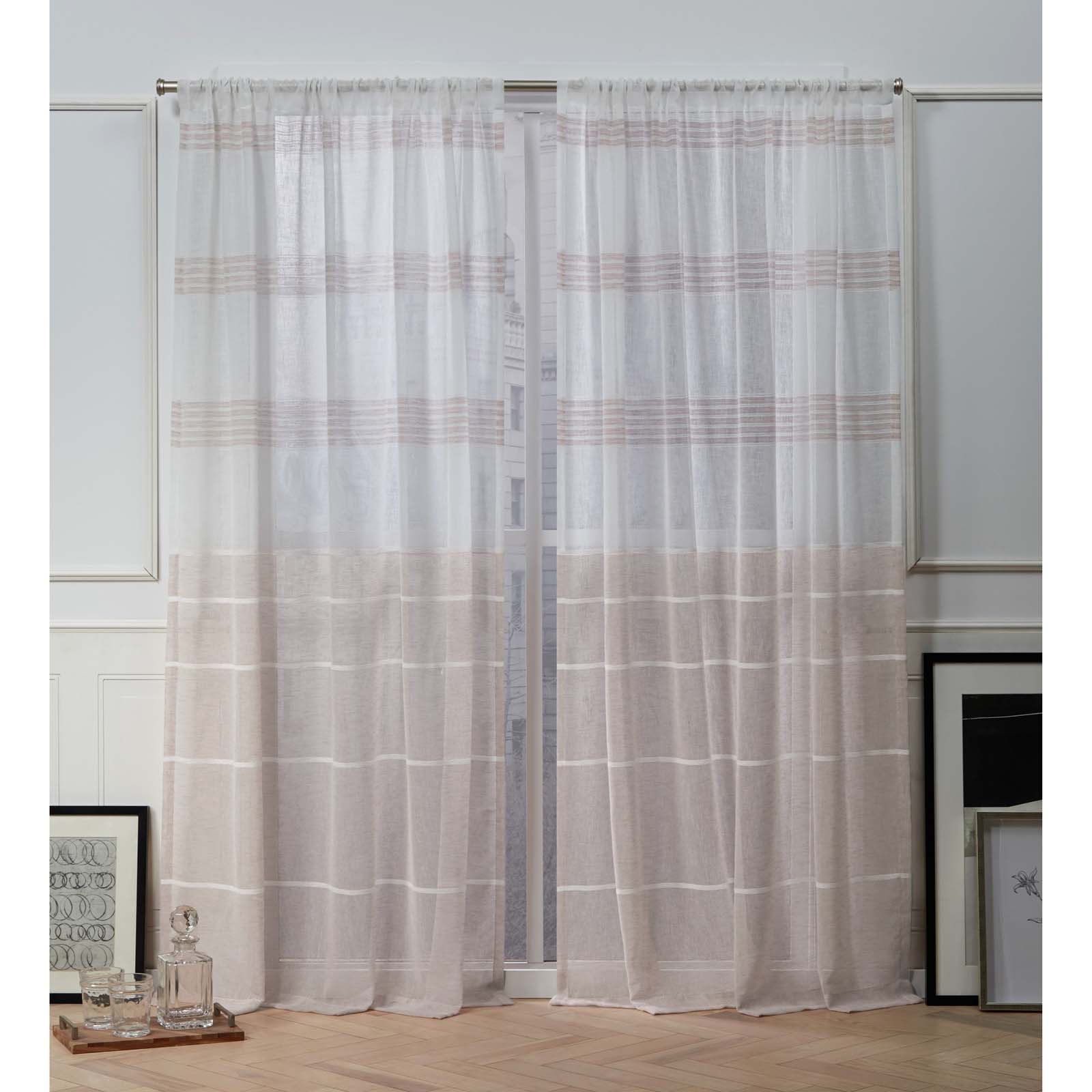 Nicole Miller Wexford Embellished Stripe Sheer Rod Pocket Top Curtain Panel Pair, 54"x84", Silver