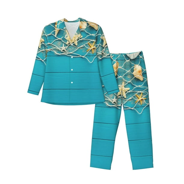 Fotbe Seashells And Fishing Net On Blue Wooden Table Pijama de Hombre con Estampado de Manga Larga, Conjunto de 2 Piezas, Ropa de Dormir Suave y Cómoda con Bolsillos-Large