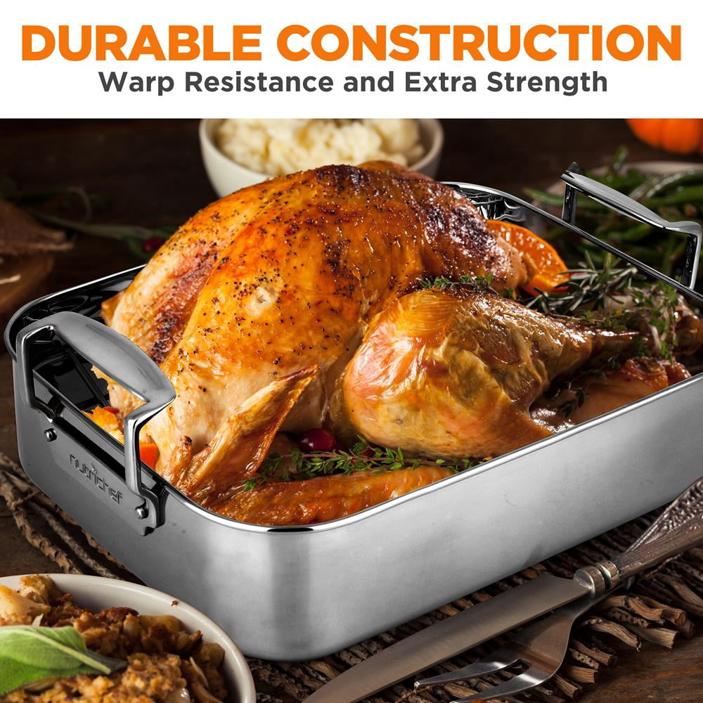 NutriChef Roasting Pan with Polished Rack, Handle, and Stainless Steel - 2 Pieces