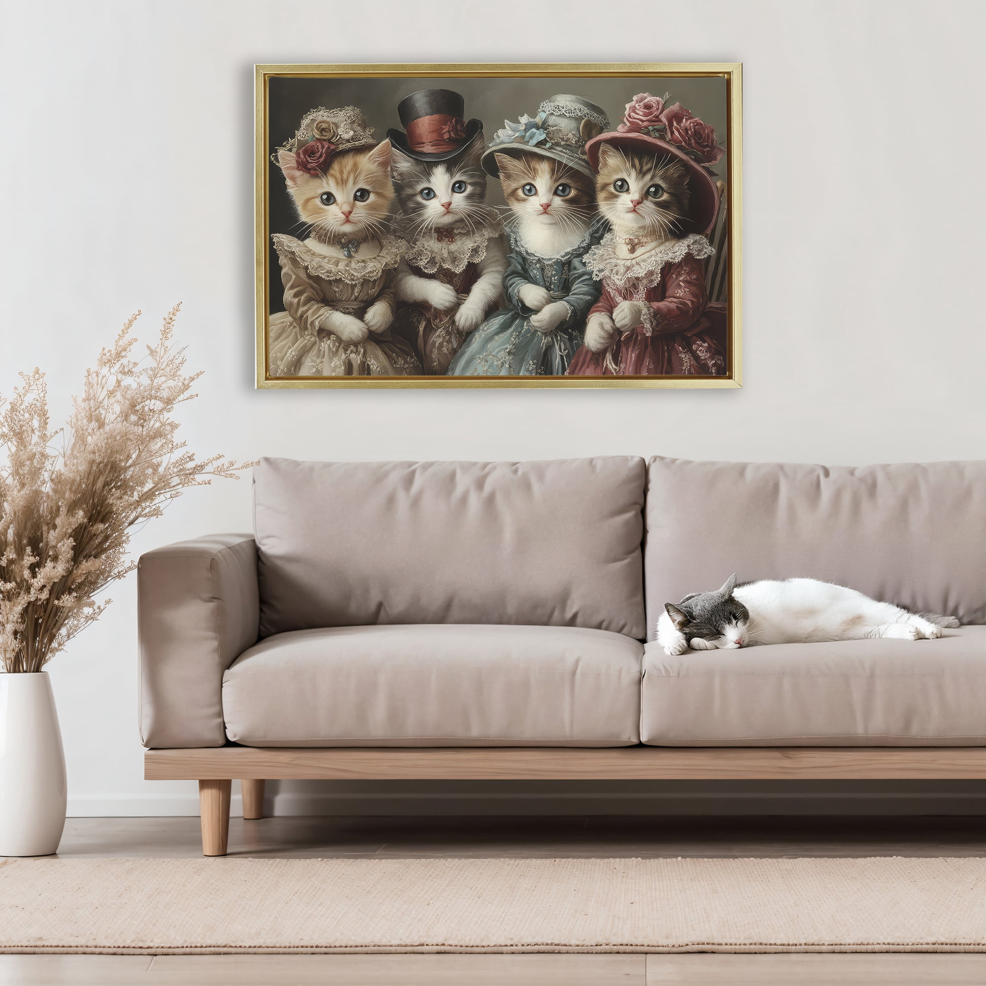 Stupell Industries Vintage Dress Kittens Gold Framed Floater Canvas Wall Art, design by The Wands Want