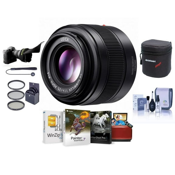Panasonic Lumix G Leica DG Summilux II 25mm f/1.4 Aspherical Lens for Micro Four Thirds, Bundle with 46mm Filter Kit, Lens Case, Flex Lens Shade, Cleaning Kit, Lens Cap Tether, Mac Software Kit