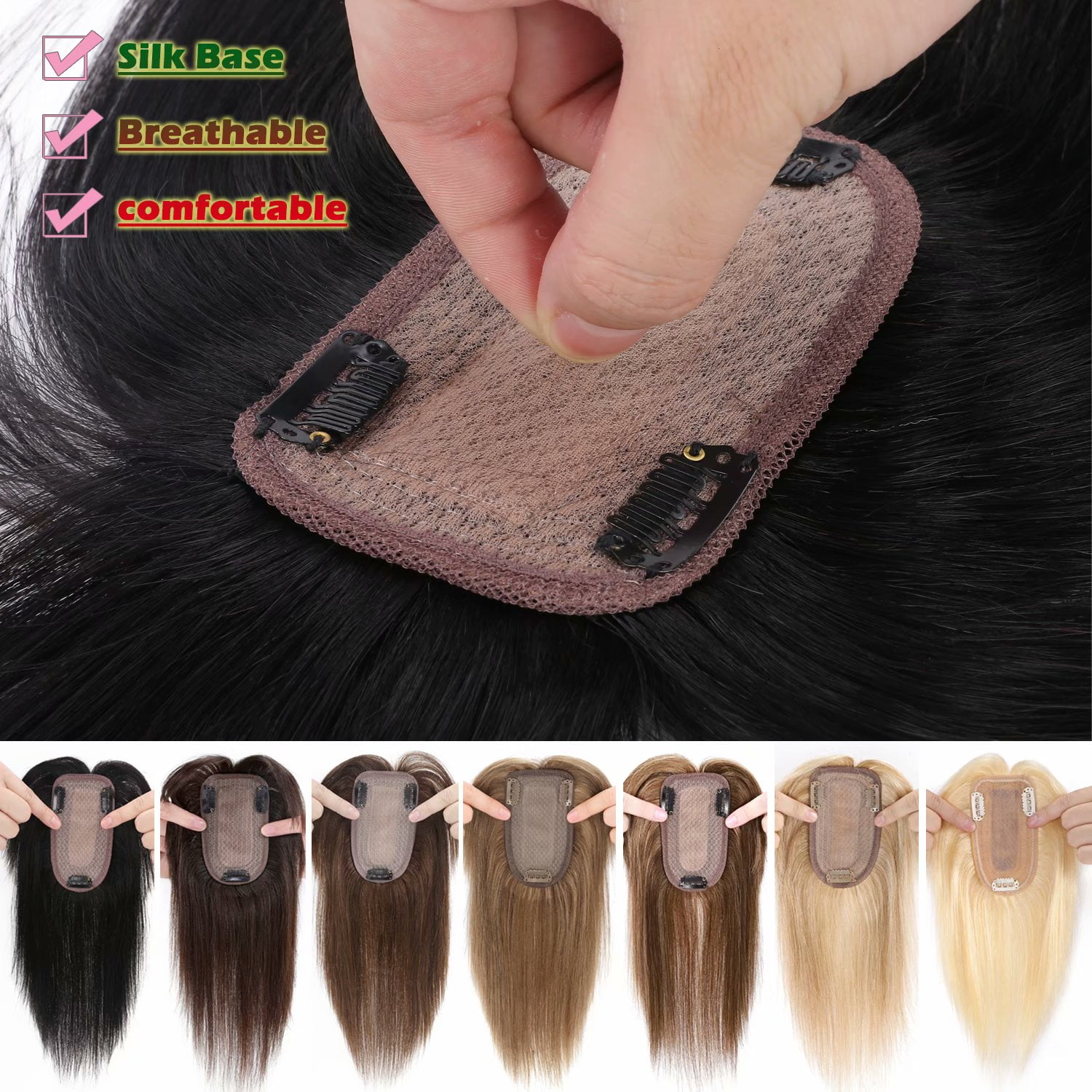 Benehair 100% Real Remy Human Hair Extensions Clip In Hairpiece Topper Toupee with Bang Fringe Women Hair Loss Silk Base Black