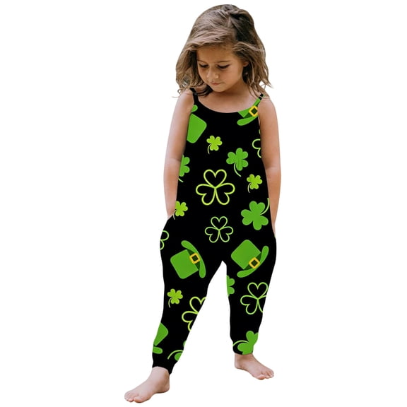 Baby Toddler Girl Cute Strap Jumpsuit St Patrick's Day One Piece Romper With Pockets Black 1 Y-2 Y