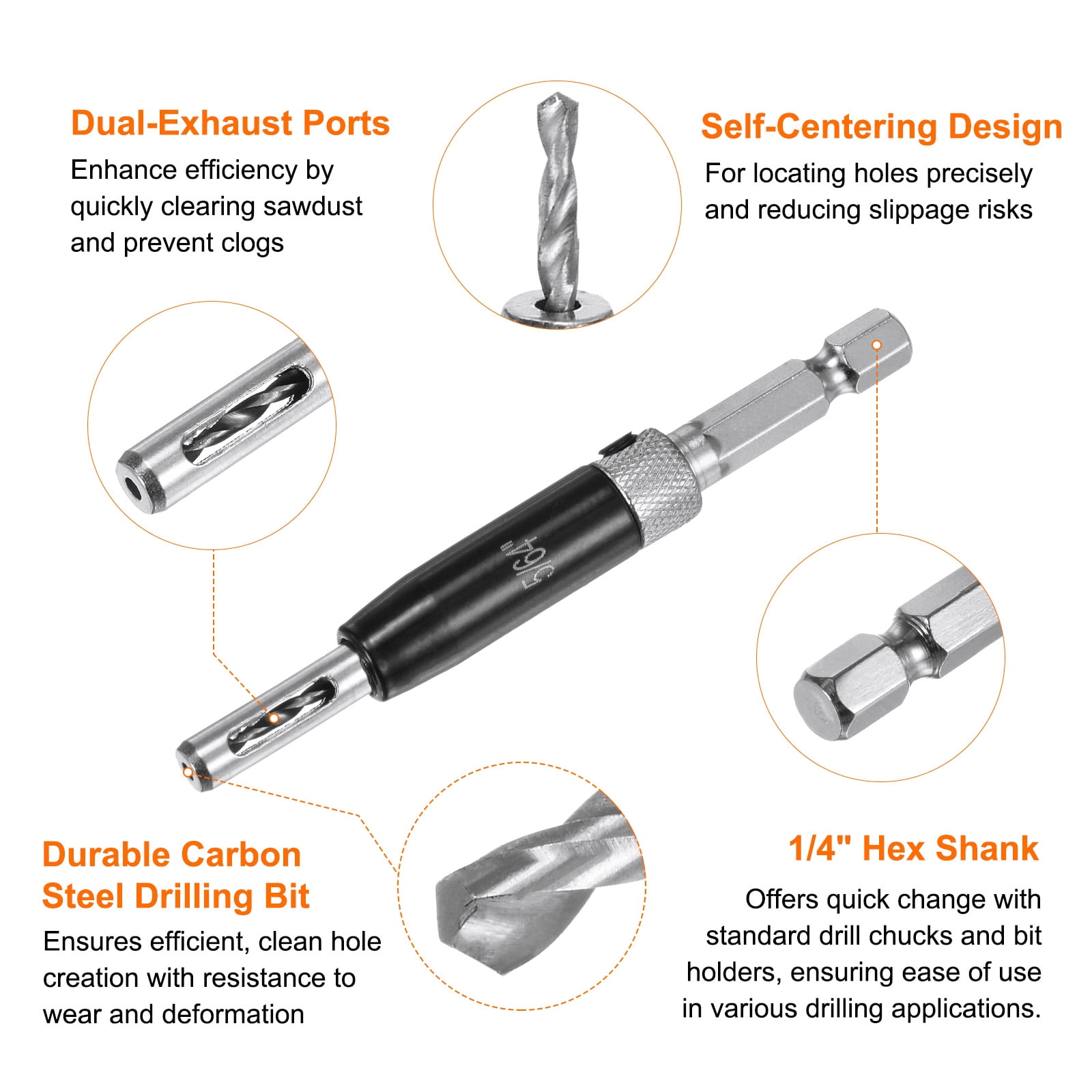 Uxcell 7pack Self Centering Drill Bit Set 5/64-1/4" 5mm, 1/4" Hex Shank Drilling Bits for Wood Working,Hinge , Black