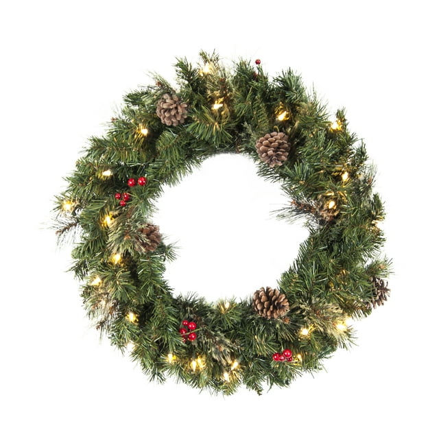 Couronne de Noël de 24 Po Pré-Éclairée avec Ornements