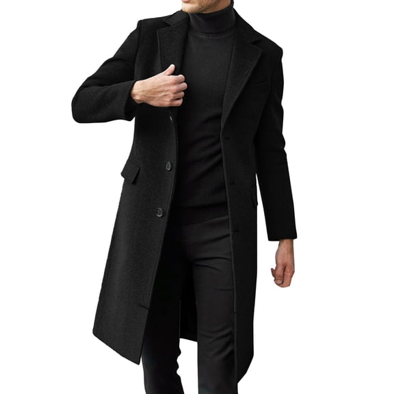 Fgnfyis Mens Jackets Plus Size Winter Coat Lapel Long Sleeve Padded Thicken Wool Blend Overcoat Stand Collar Winter Coats for Men Black L