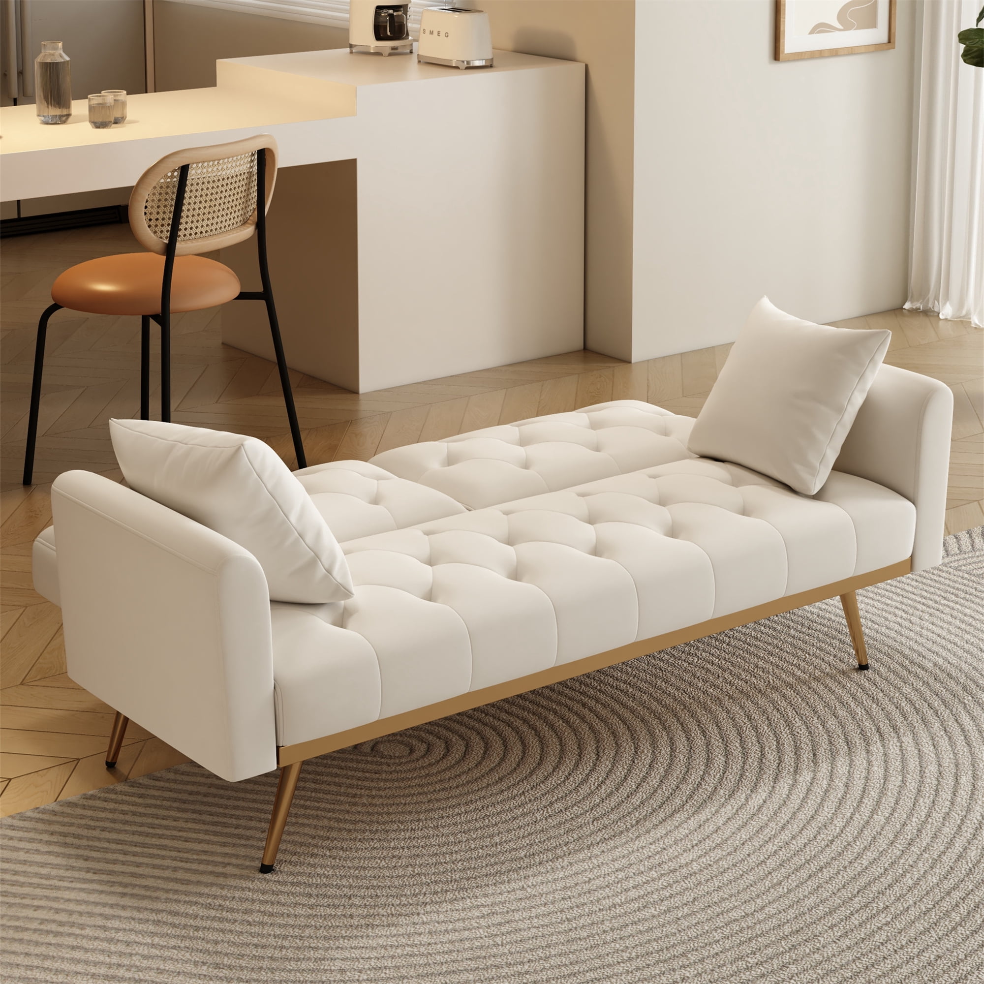 Aukfa Velvet Futon Convertible Sofa Bed for Home Office, 2 Pillows, Upgraded Metal Base, Beige
