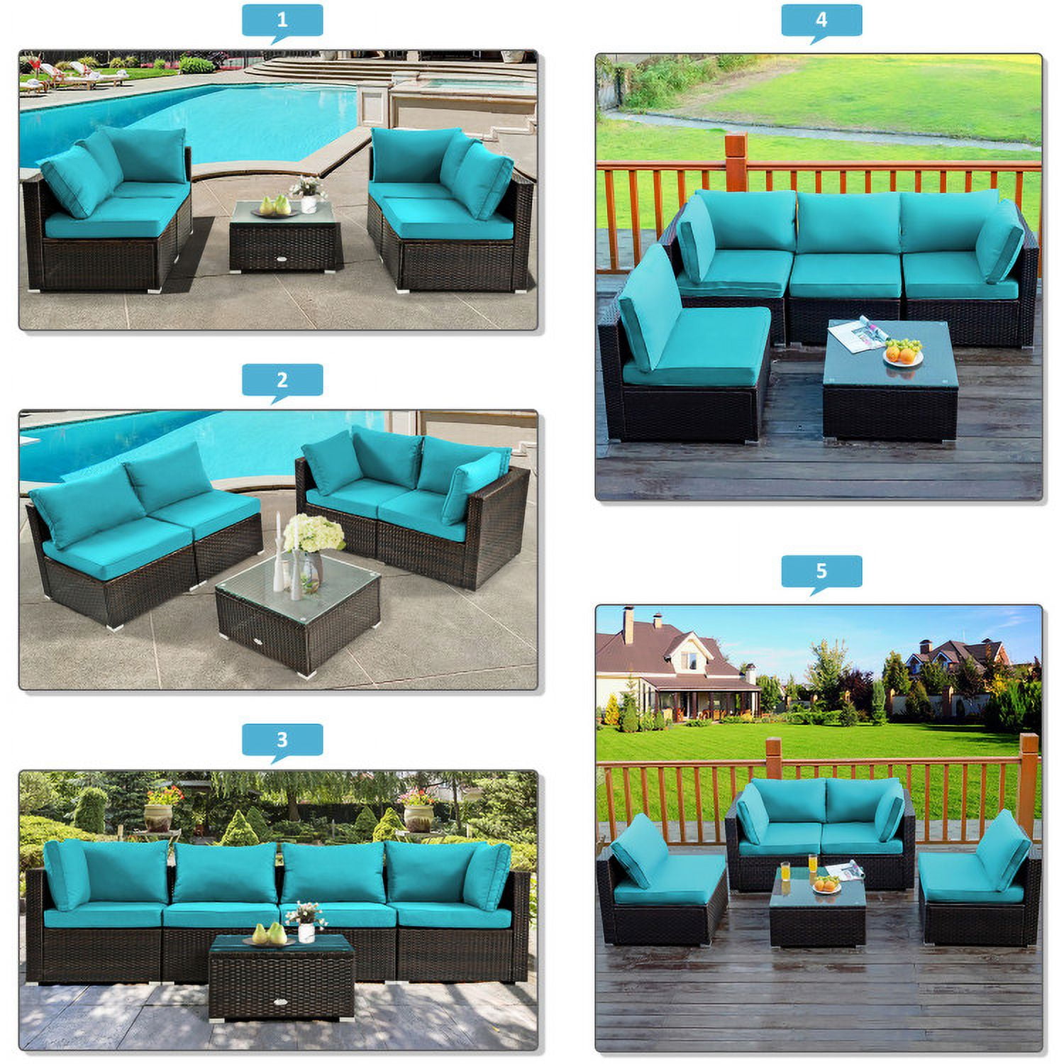 Aimee Lii 5 Pieces Cushioned Patio Rattan Furniture Set with Glass Table, Outdoor Patio Set, Turquoise Aimee Lii 5 Pieces Cushioned Patio Rattan Furniture Set with Glass Table, Outdoor Patio Set, Turquoise