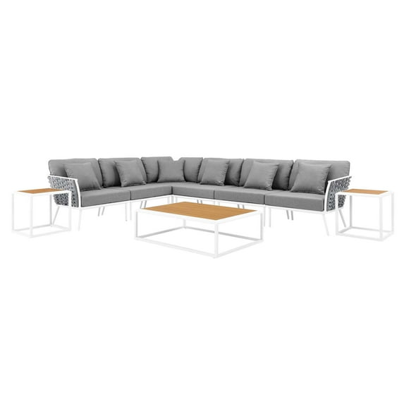 Lounge Sectional Sofa Chair Table Set, White Grey Gray, Aluminum, Metal, Fabric, Modern Contemporary, Outdoor Patio Balcony Cafe Bistro Garden Furniture Hotel Hospitality