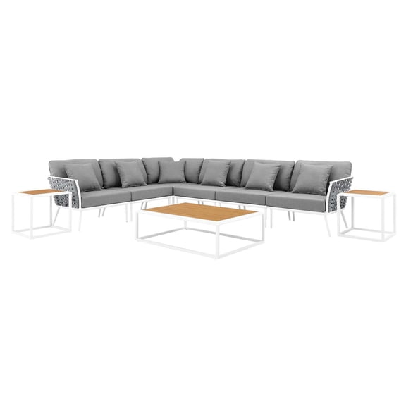 Lounge Sectional Sofa Chair Table Set, White Grey Gray, Aluminum, Metal, Fabric, Modern Contemporary, Outdoor Patio Balcony Cafe Bistro Garden Furniture Hotel Hospitality
