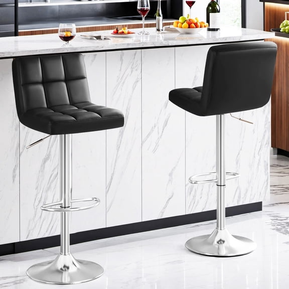 Homall Bar Stools Set of 2 Modern PU Leather Hydraulic Kitchen Counter Square Island Height Adjustable Swivel Barstool with Back, Black